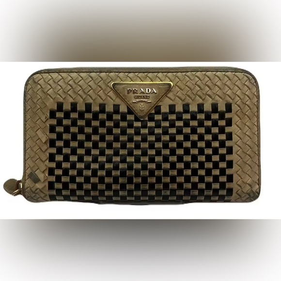 Prada Woven Madras Zip Around Wallet in Black & Tan - rehab condition